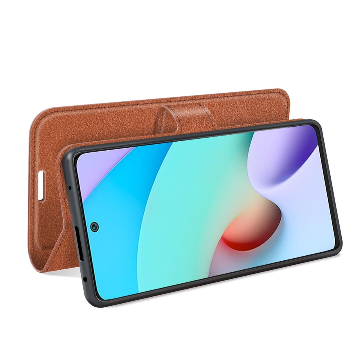 Braune Handyhülle, offen, zeigt ein Telefon. Schwarzer Bildschirm.