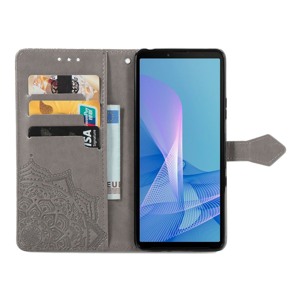 Graue Handyhülle mit Mandala-Design. Die Hülle hält ein Telefon mit digitalem Bildschirm.