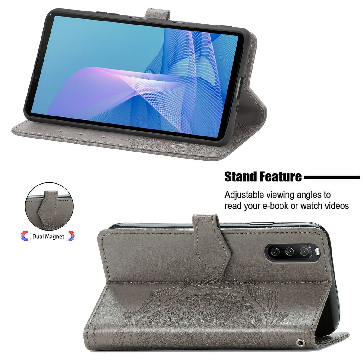 Graue Handyhülle, offen mit einem Telefon und Dual-Magnet-Funktion.