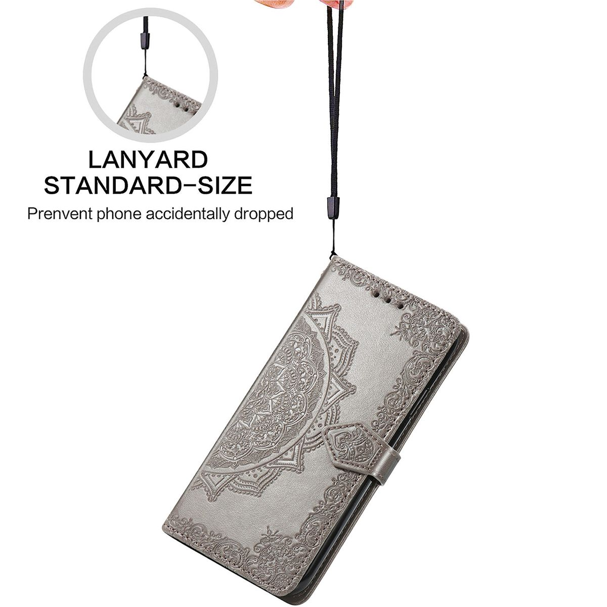 Silberne Handyhülle mit Lanyard. Die Hülle hat ein geprägtes Design. Ein schwarzer Riemen hält die Hülle.