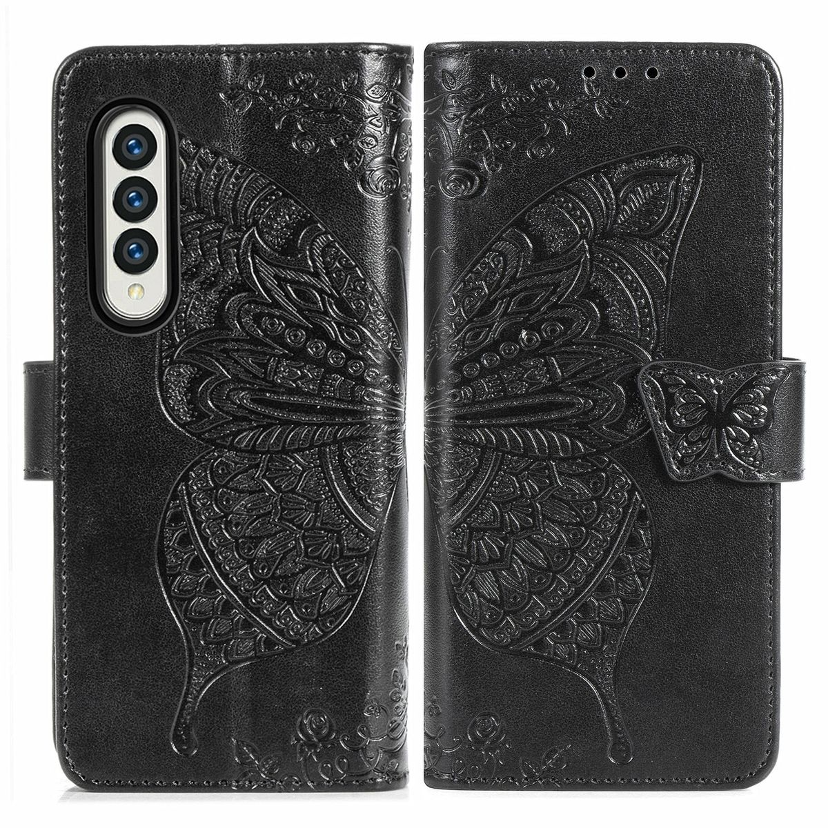 Schwarze Handyhülle, geöffnet mit Schmetterlingsdesign. Weißer Hintergrund.