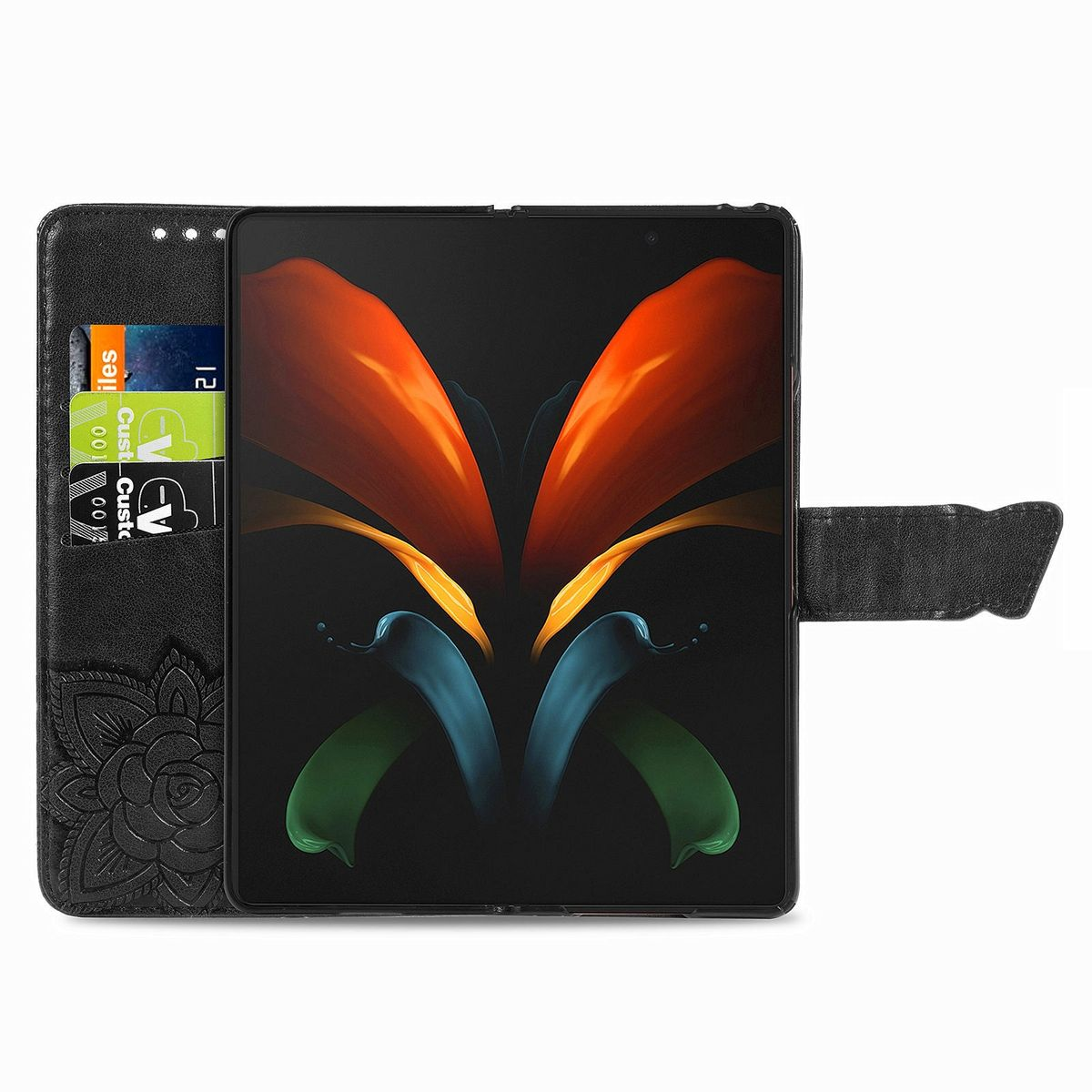 Schwarze Handyhülle mit Karten und gefaltetem Telefon. Orange, blaue und grüne Farben auf dem Bildschirm.