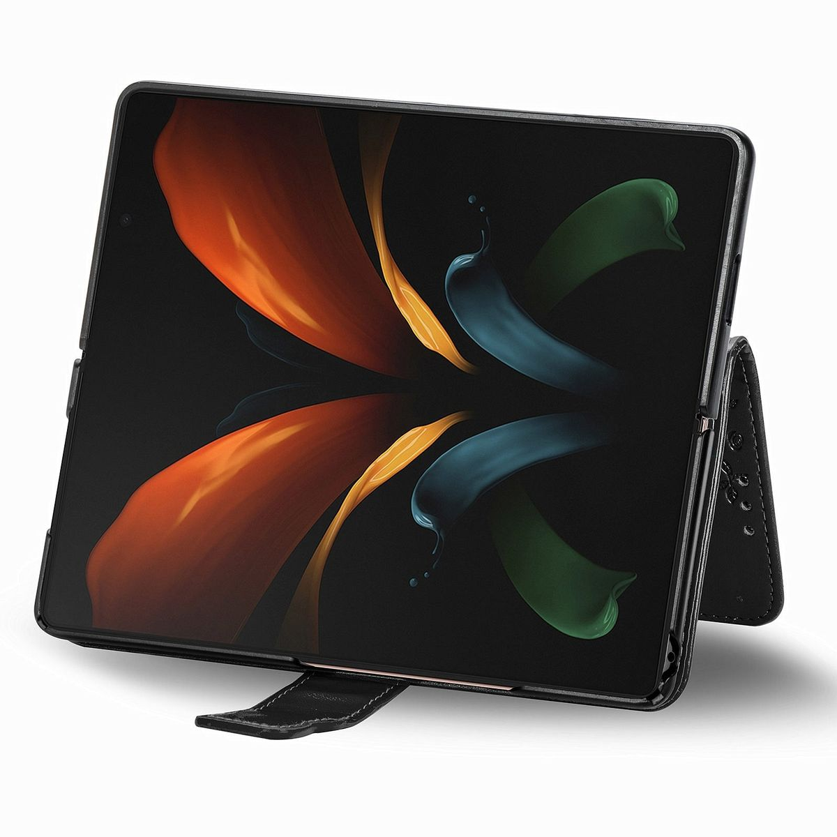 Schwarze Tablet-Hülle mit farbenfrohem Bildschirm. Die Hülle ist offen und gefaltet, um das Tablet zu stützen.