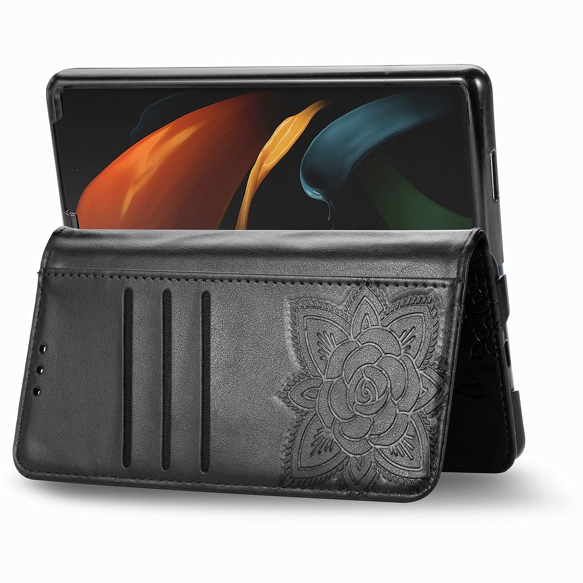 Schwarze Handyhülle mit floralem Design auf der Vorderseite. Das Telefon ist in der Hülle sichtbar.