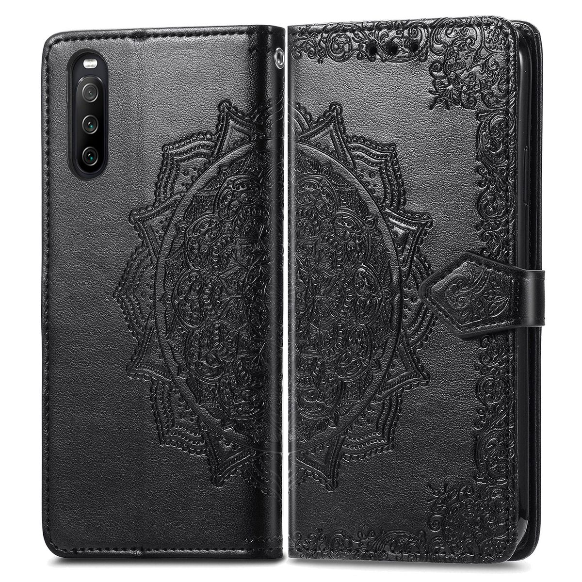 Eine schwarze Handyhülle mit floralem Design und Magnetverschluss.