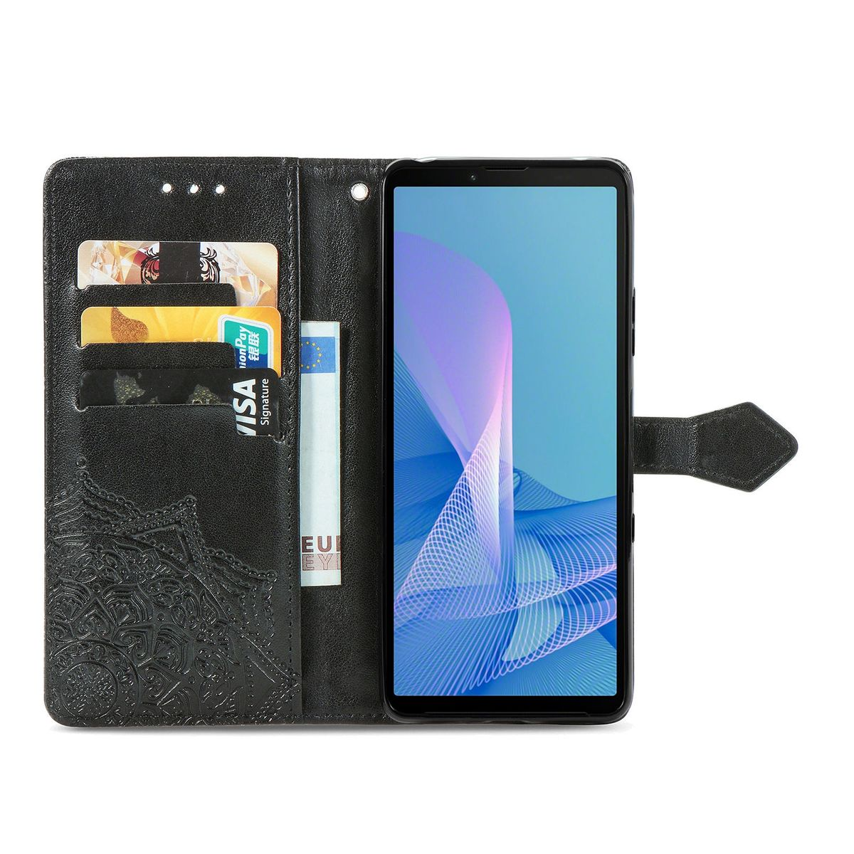 Schwarze Handyhülle mit Karten und Geld im Inneren. Das Telefon zeigt eine bunte Benutzeroberfläche.