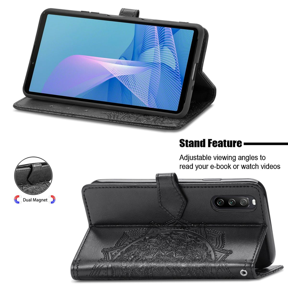 Schwarze Handyhülle, offen, mit Tablet, zeigt Standfunktion.