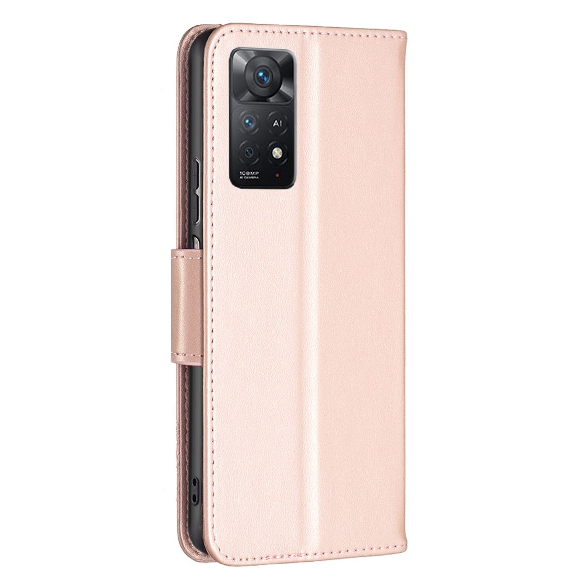Rosa Handyhülle mit Telefon im Inneren, Rückseite sichtbar.