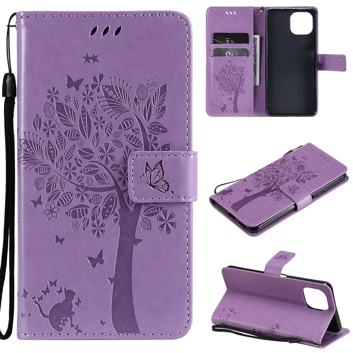 Lila Handyhülle mit Baum- und Schmetterlingsdesign. Mehrere Ansichten mit Karten und Telefon.