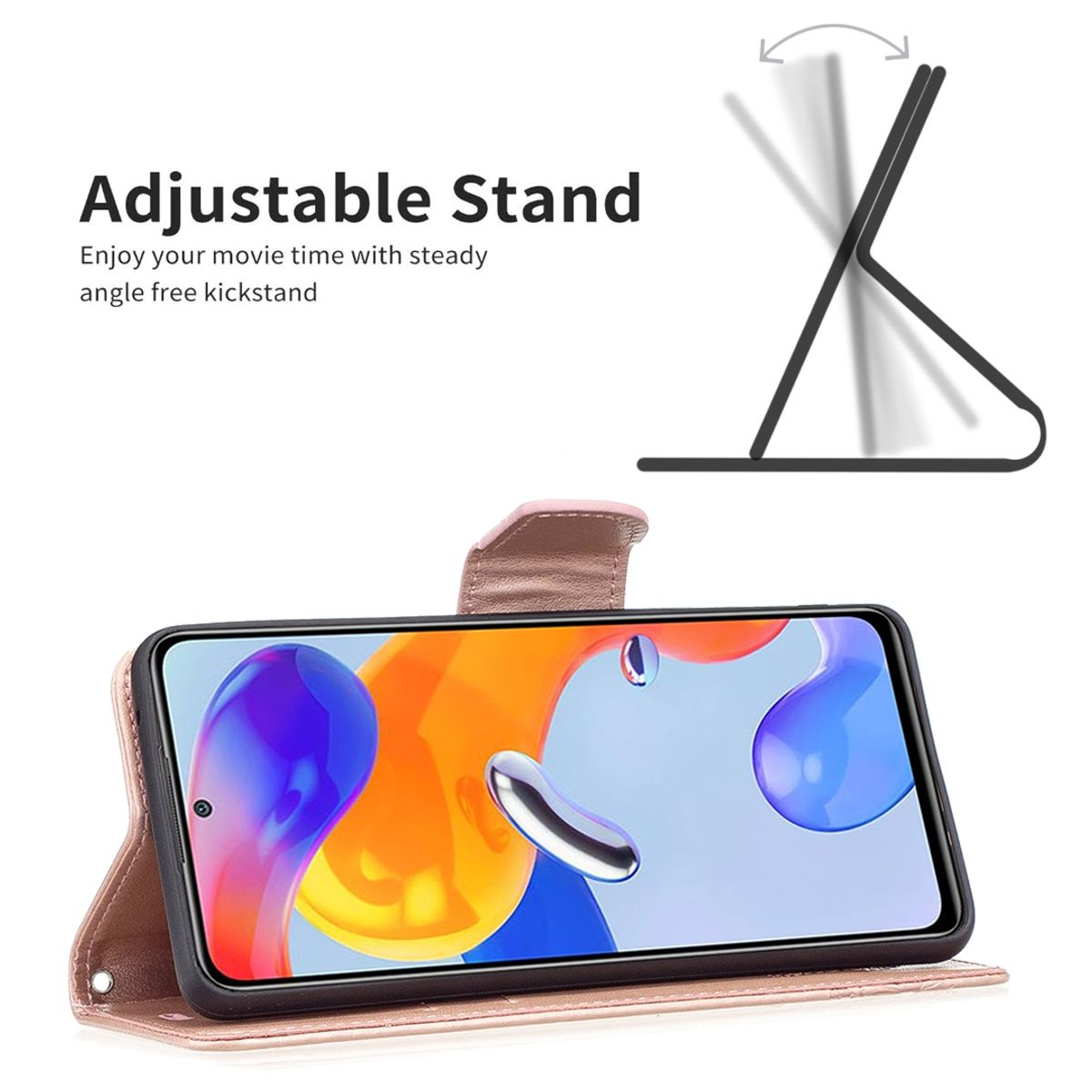 Rosa Handyhülle mit Telefon darin und verstellbarem Ständer.