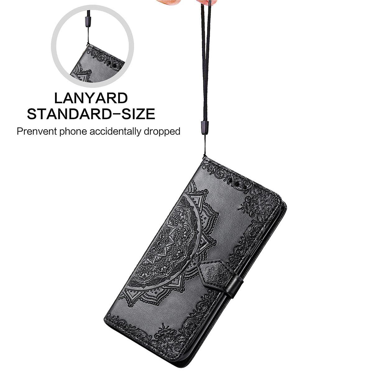 Schwarze Handyhülle mit Mandala-Design. Lanyard befestigt. Text: Lanyard Standard-Size.
