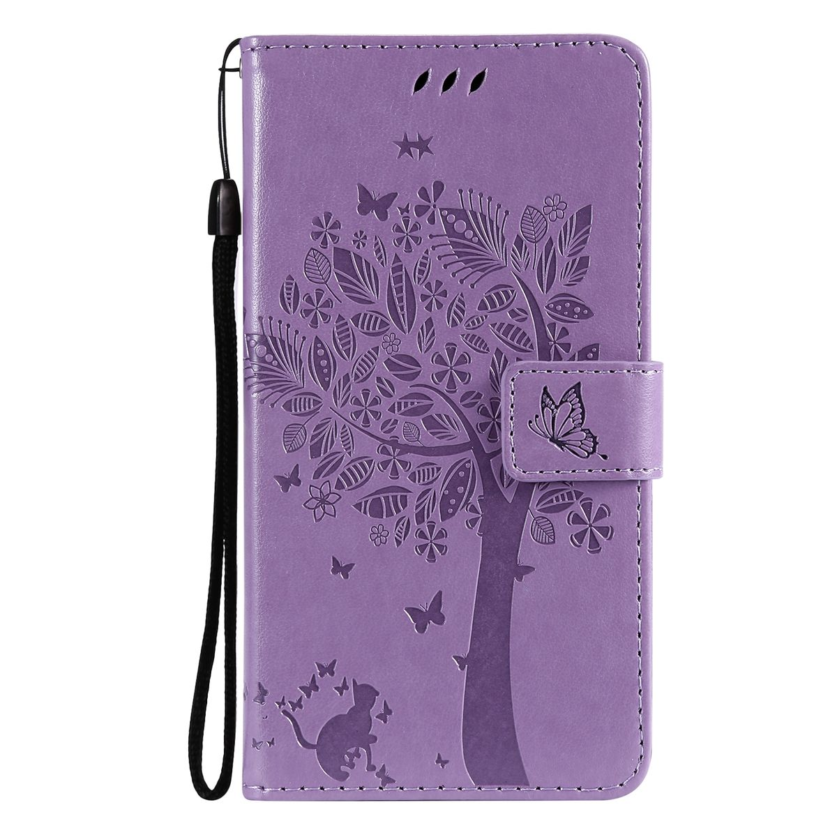 Lila Handyhülle, geschlossen, mit Baum- und Schmetterlingsdesign.