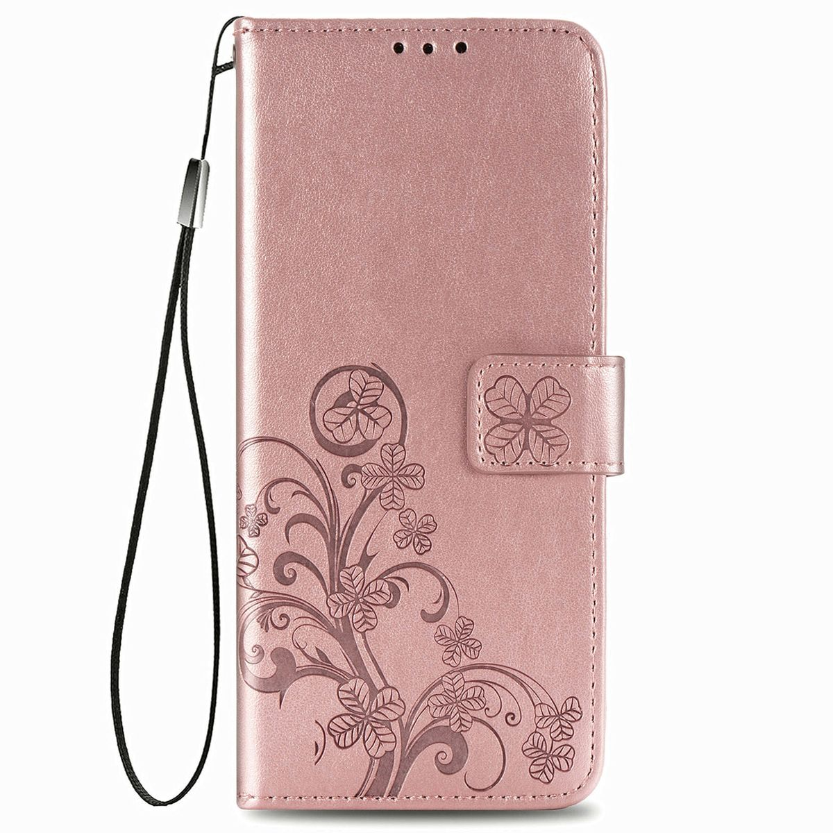 Rosa Handyhülle mit floralem Design und einem Riemen. Der Koffer ist geschlossen.