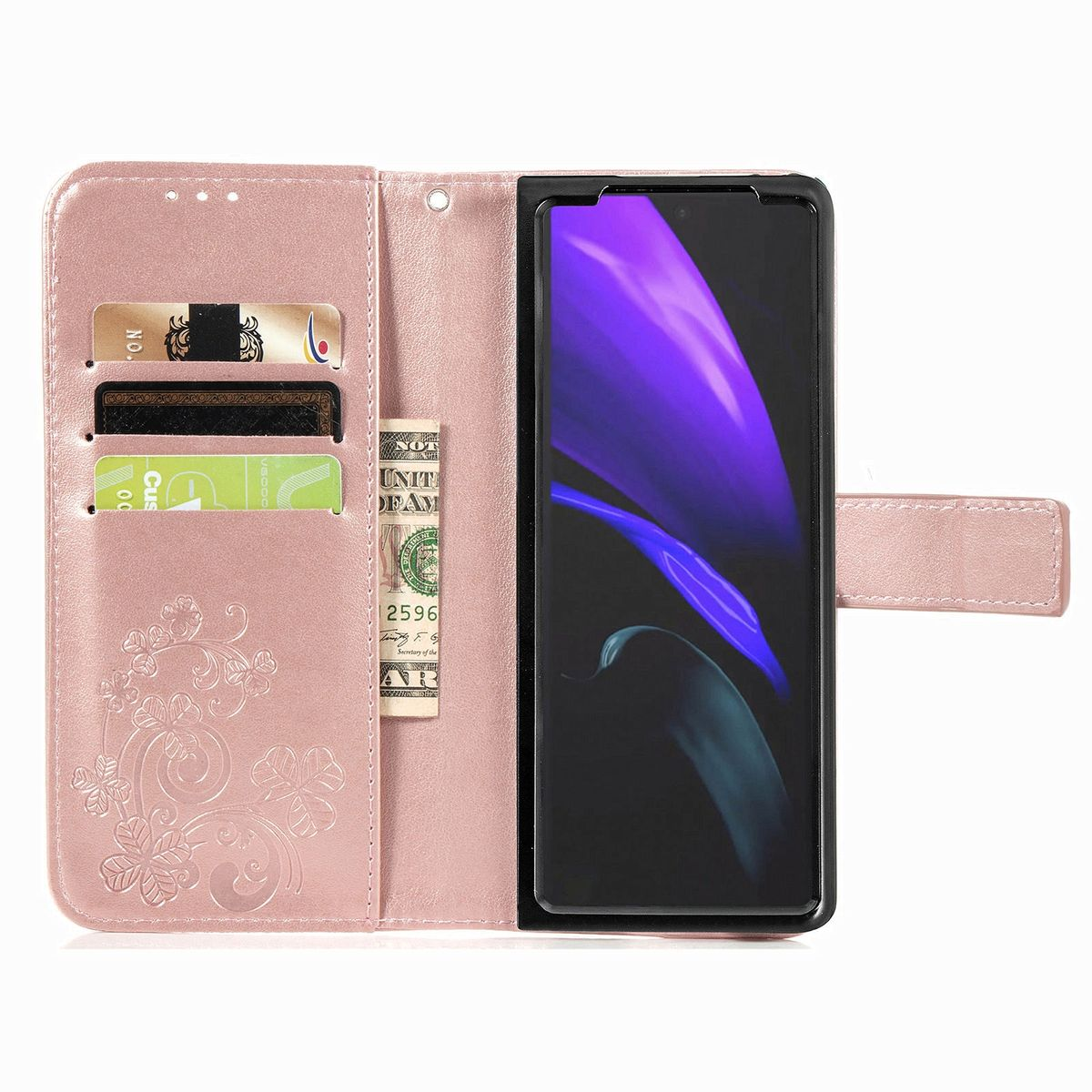 Rosa Handyhülle mit Kartenfächern, Geld und Telefon. Blumendesign auf dem Cover.