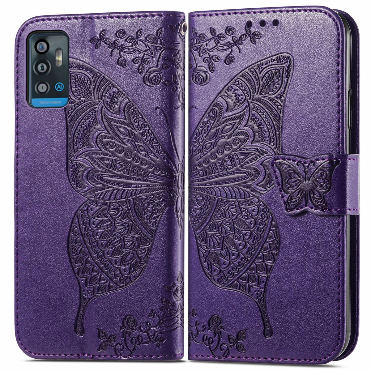 Lila Handyhülle mit Schmetterlingsdesign. Geöffnet, Telefon zeigend. Blumendetails und Verschluss.