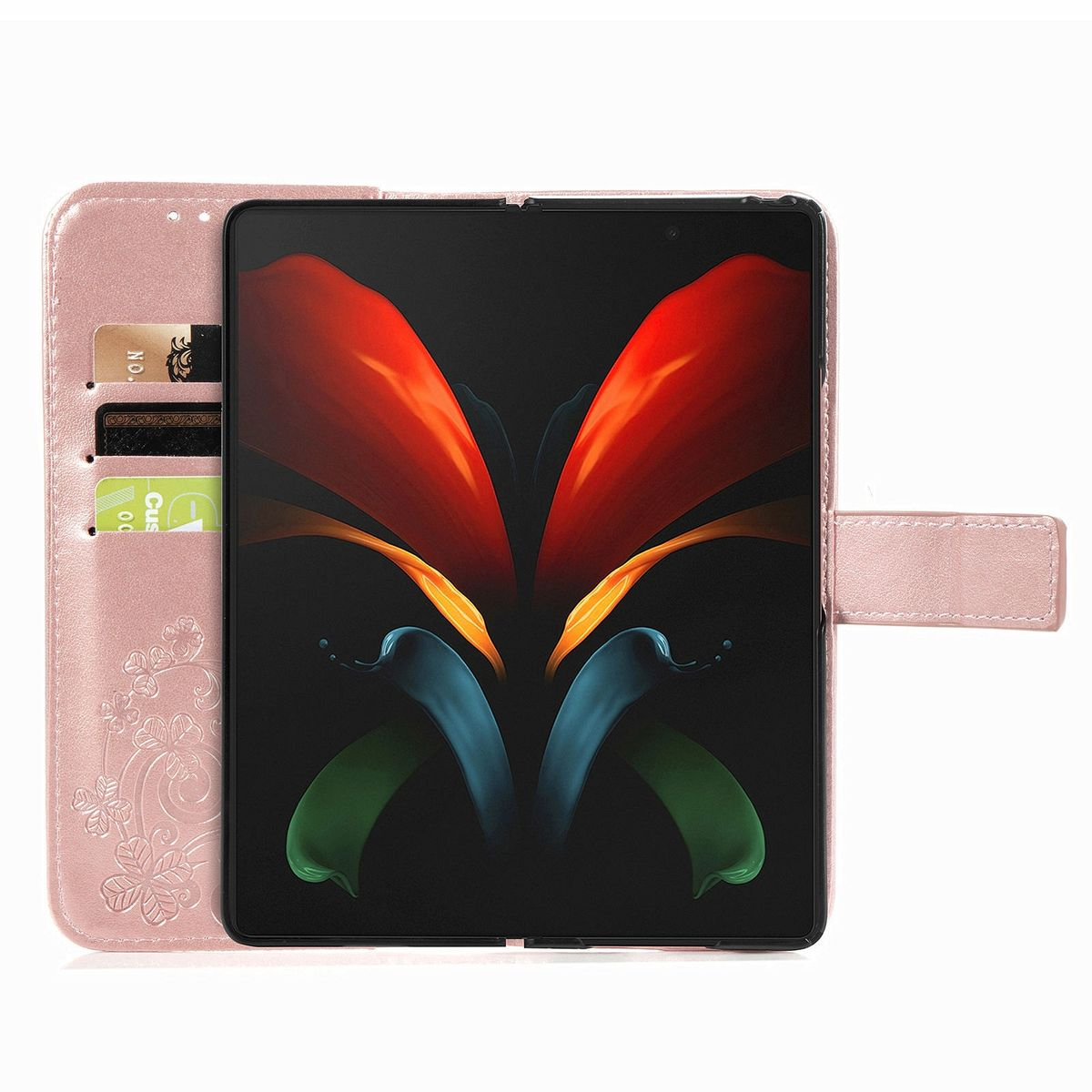 Eine rosa Handyhülle mit einem Telefon darin, das den Bildschirm des Telefons zeigt.