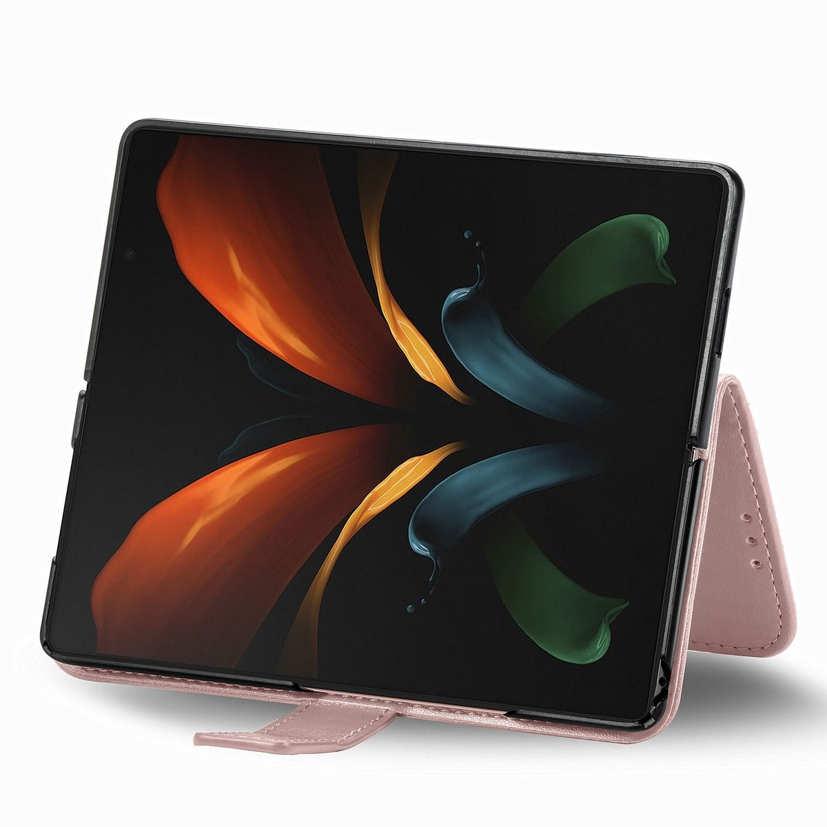 Handyhülle mit faltbarem Design und Telefon mit großem Display. Hülle ist rosa.