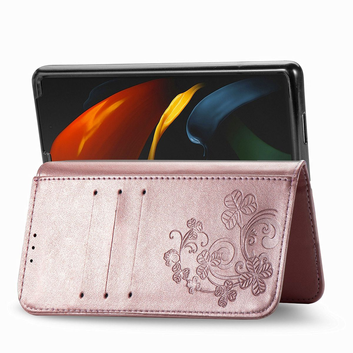 Rosa Handyhülle mit Kleemuster. Das Telefon befindet sich in der geöffneten Hülle und zeigt seinen Bildschirm.
