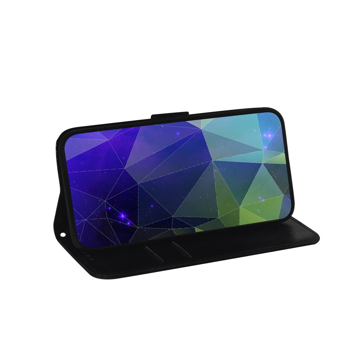 Eine schwarze Handyhülle mit einem farbenfrohen geometrischen Design auf dem Bildschirm, geöffnet, um das Telefon anzuzeigen.