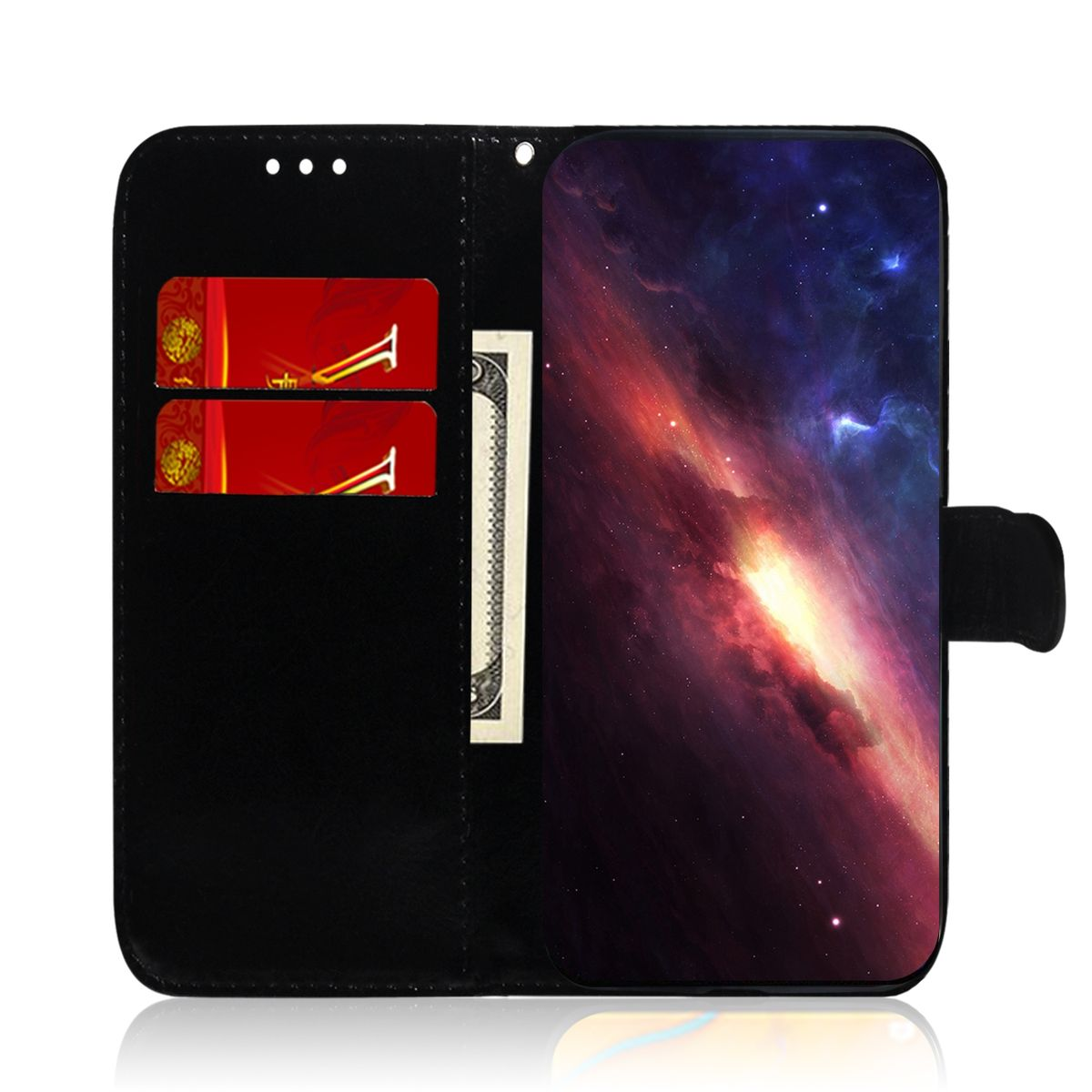 Eine schwarze Handyhülle mit Galaxiedesign auf dem Telefonbildschirm. Die Hülle ist offen und zeigt einen Kartensteckplatz.