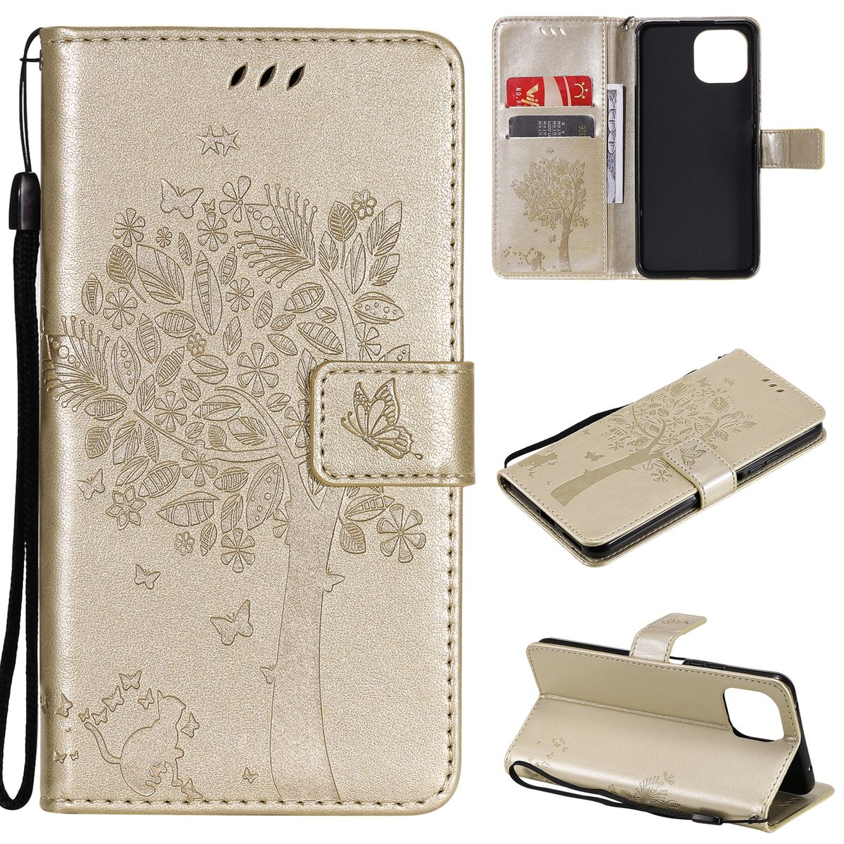 Goldene Handyhülle mit Baumdesign und Schmetterling. Enthält Telefon, Karten und Handschlaufe.