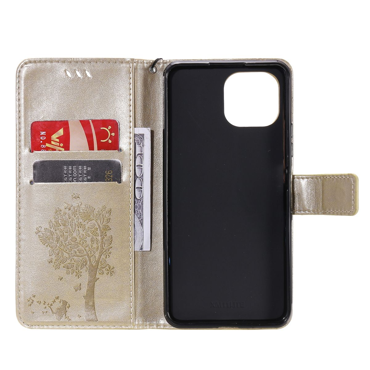 Geöffnete goldene Handyhülle mit Karten und Geld. Telefon in schwarzer Hülle rechts.