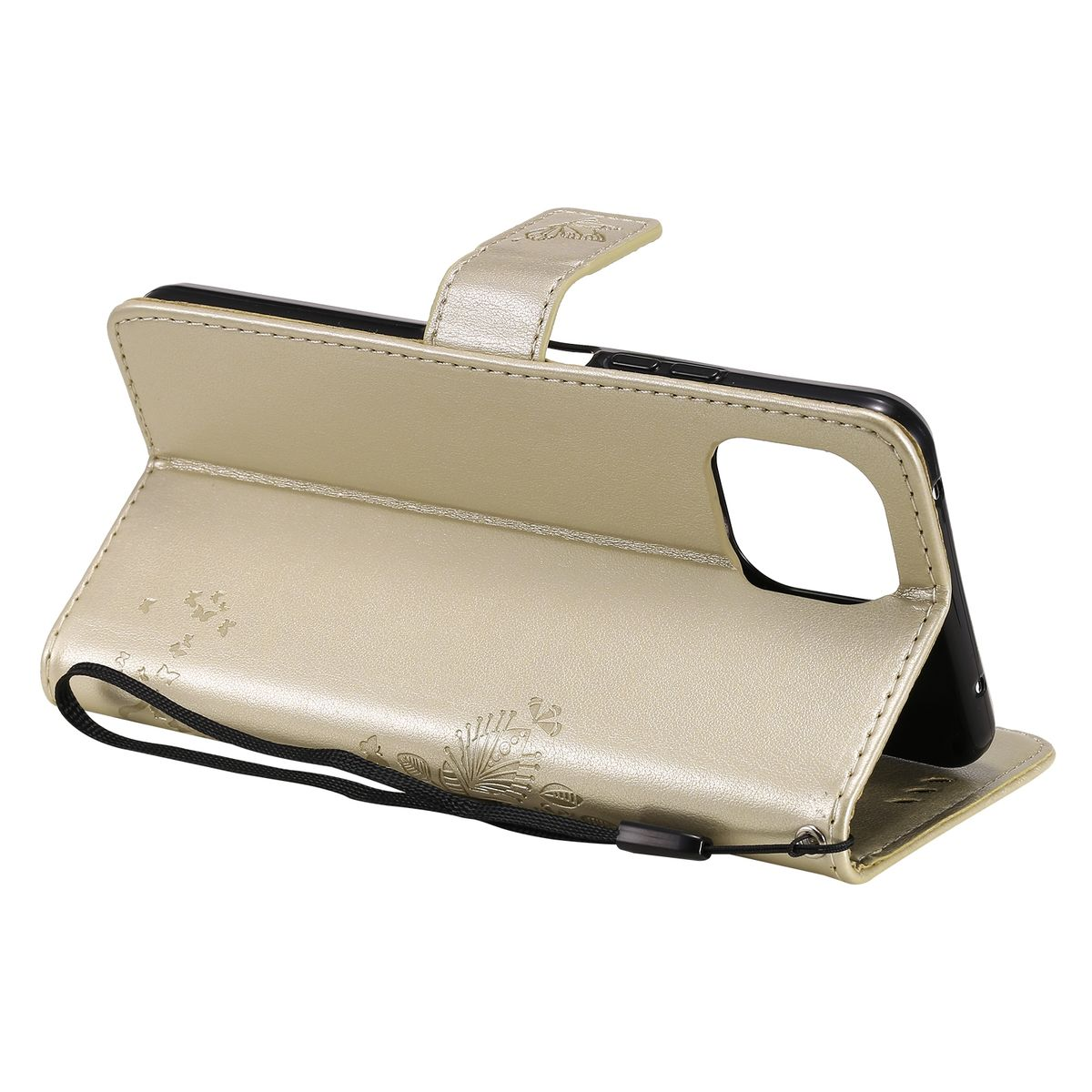 Geöffnete goldene Handyhülle mit Telefon. Hülle mit Handschlaufe und Blumendesign.