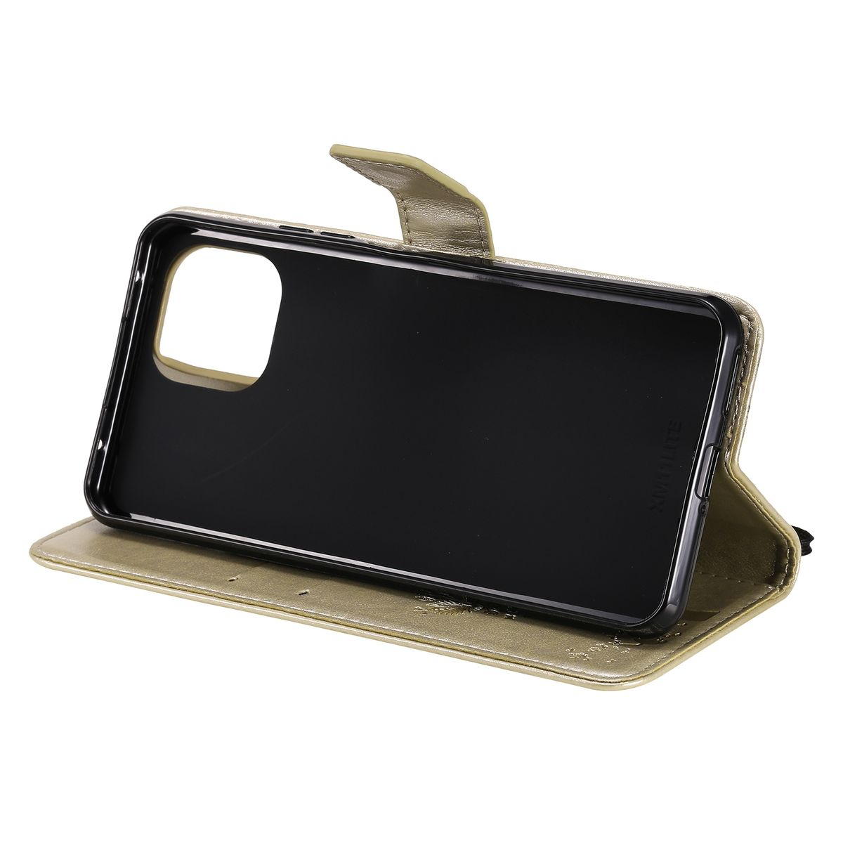 Eine offene Handyhülle, die das Innere mit dem Telefon zeigt. Die Farbe ist olivgrün.