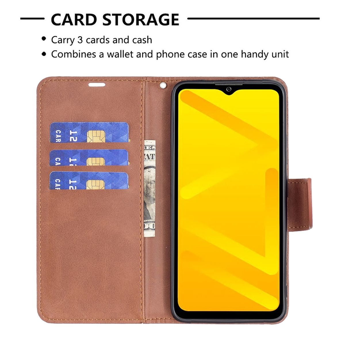 Braune Handyhülle geöffnet, mit Karten und Geld. Es hat ein Telefon darin.