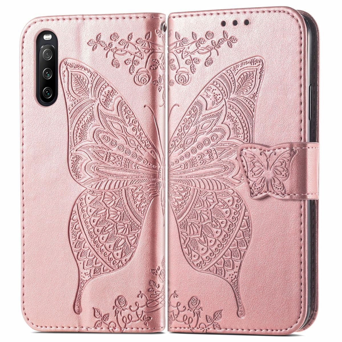 Rosa Handyhülle mit Schmetterlingsdesign, offen, um ein Telefon anzuzeigen.