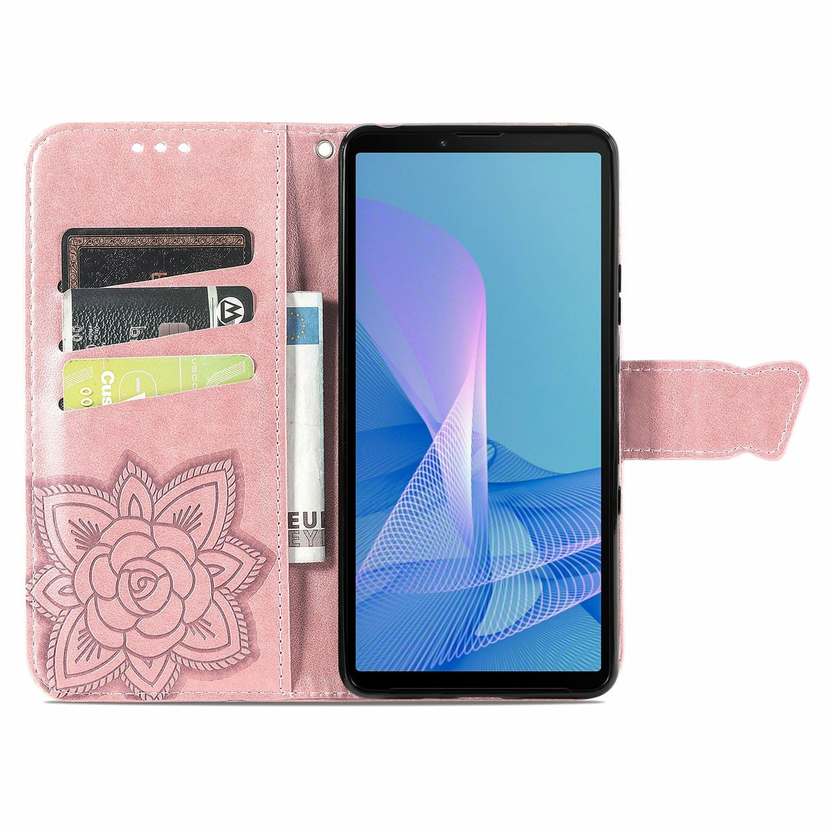 Eine offene rosa Handyhülle mit Blumendesign, die ein Telefon, Karten und Bargeld zeigt.