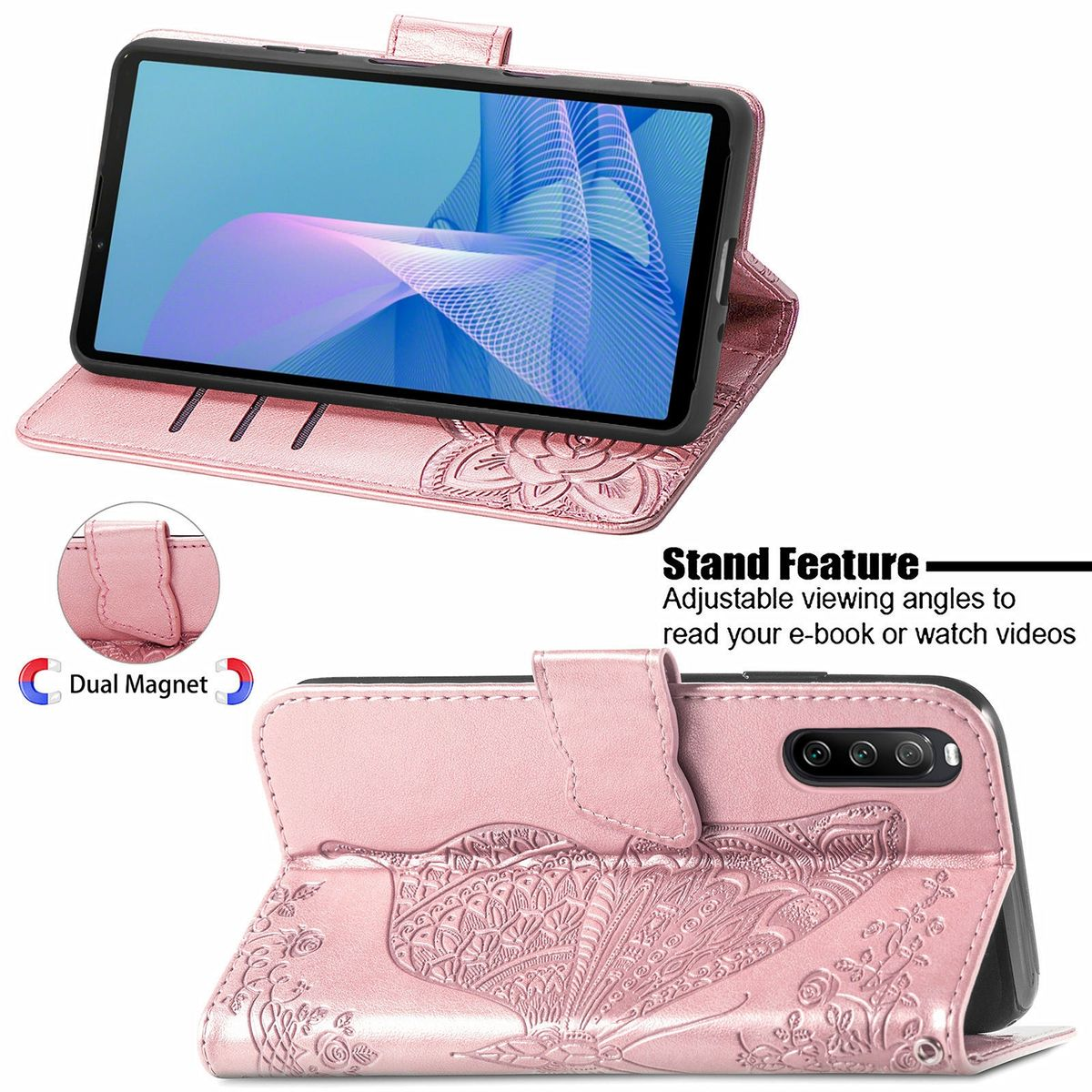 Rosa Handyhülle mit Telefon. Hülle hat Blumendesign und Magnetverschluss.