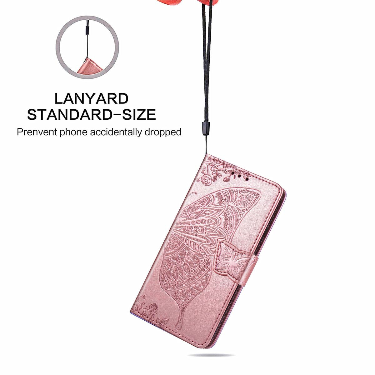 Eine rosa Handyhülle mit Schmetterlingsdesign und Schlüsselband. Text: Schlüsselband Standardgröße. Verhindert das Herunterfallen des Telefons.