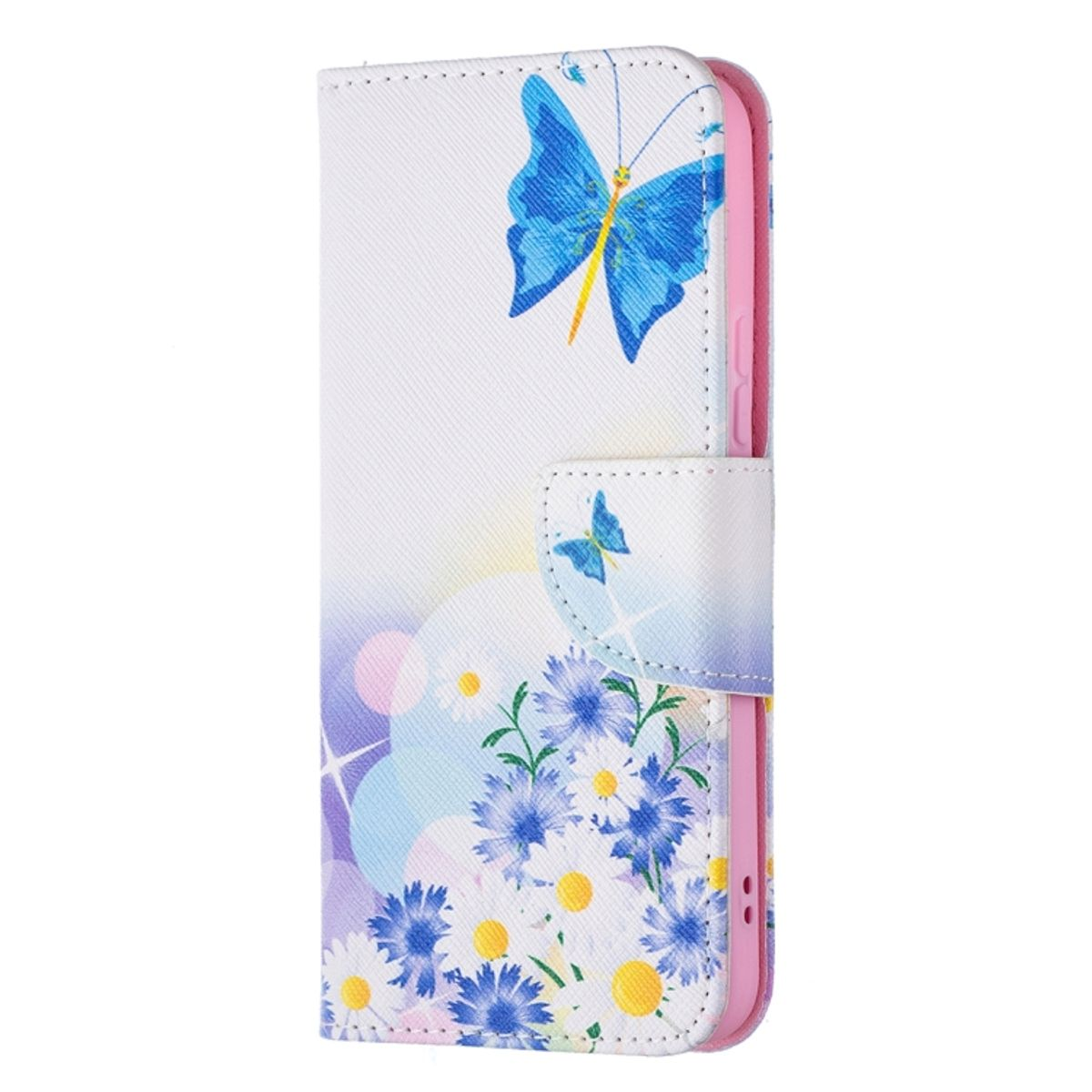 Weißes Handycase mit blauen Schmetterlingen und Blumen. Rosa Innenausstattung.