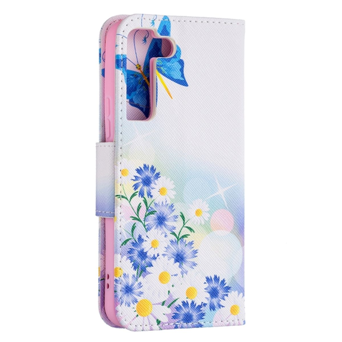 Weiße Handyhülle mit Blumen, Schmetterling und hellrosa Innenseite.