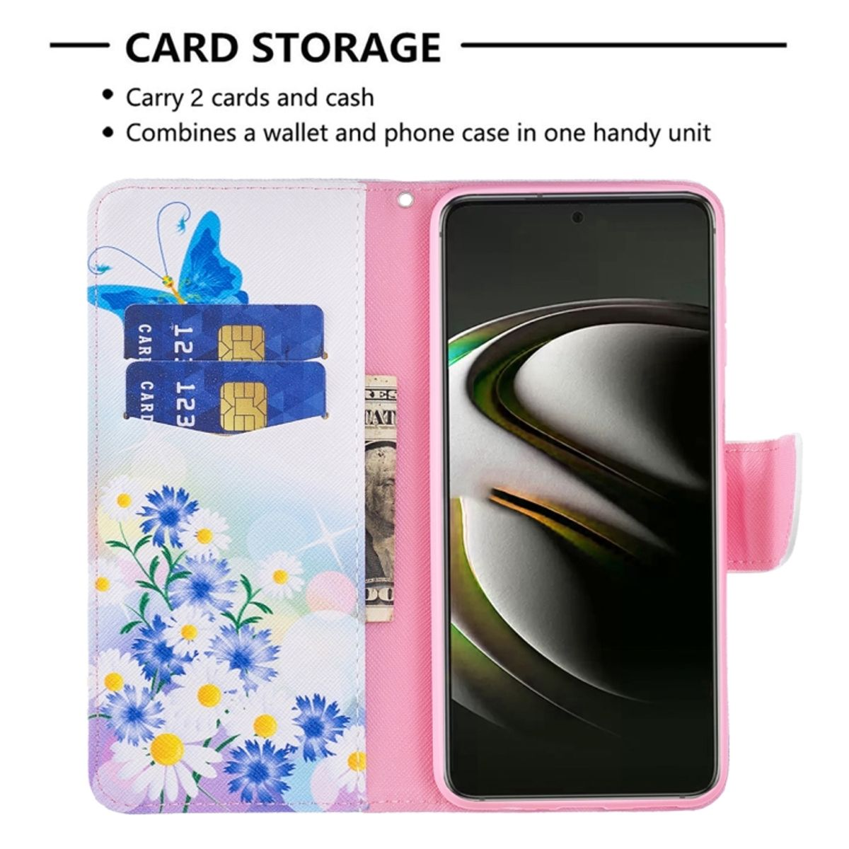 Eine pinkfarbene Handyhülle, geöffnet mit Karten, Bargeld und Telefon sichtbar. Schmetterlings- und Blumendesign.