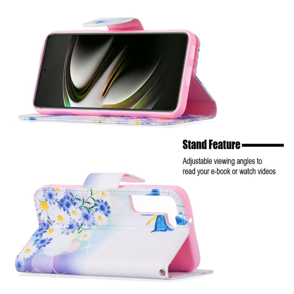 Handyhülle mit blauen Blumen, Telefon innen. Standfunktion: einstellbare Betrachtungswinkel.