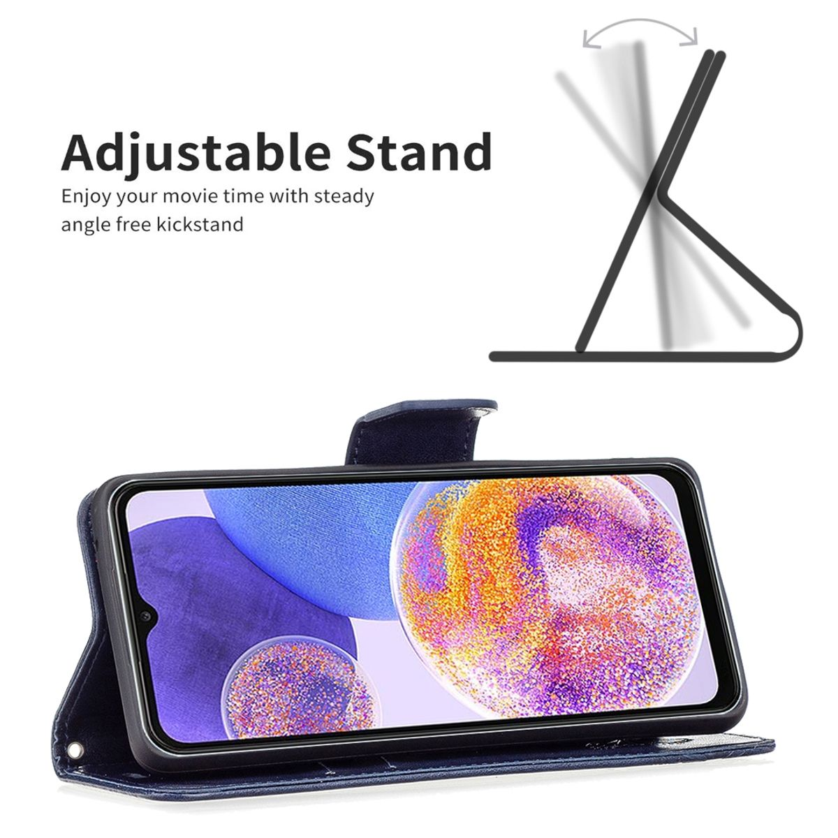 Telefon in einer blauen Hülle, in einem Winkel aufgestellt. Text sagt 'Adjustable Stand'.