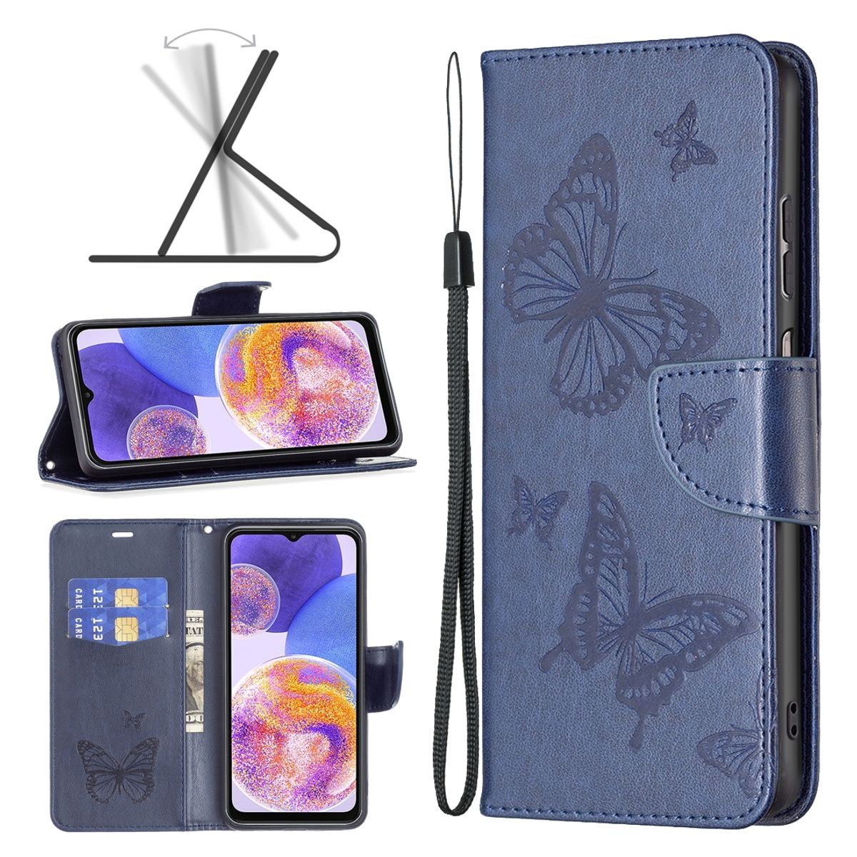 Blaue Handyhülle mit Schmetterlingen. Die Hülle ist offen und zeigt Telefon und Karten. Schmetterlinge sind graviert.