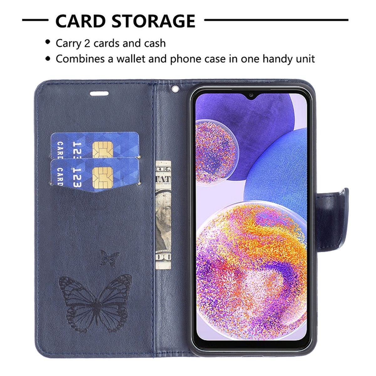 Blaue Handyhülle, geöffnet mit Karten und Bargeld. Telefon zeigt blaues und violettes abstraktes Bild.