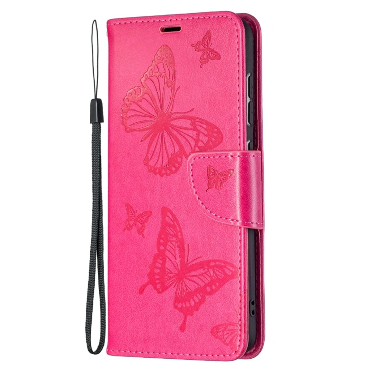 Eine rosa Handyhülle mit Schmetterlingsdesigns, offen, mit einem Riemen. Dunkler Hintergrund.