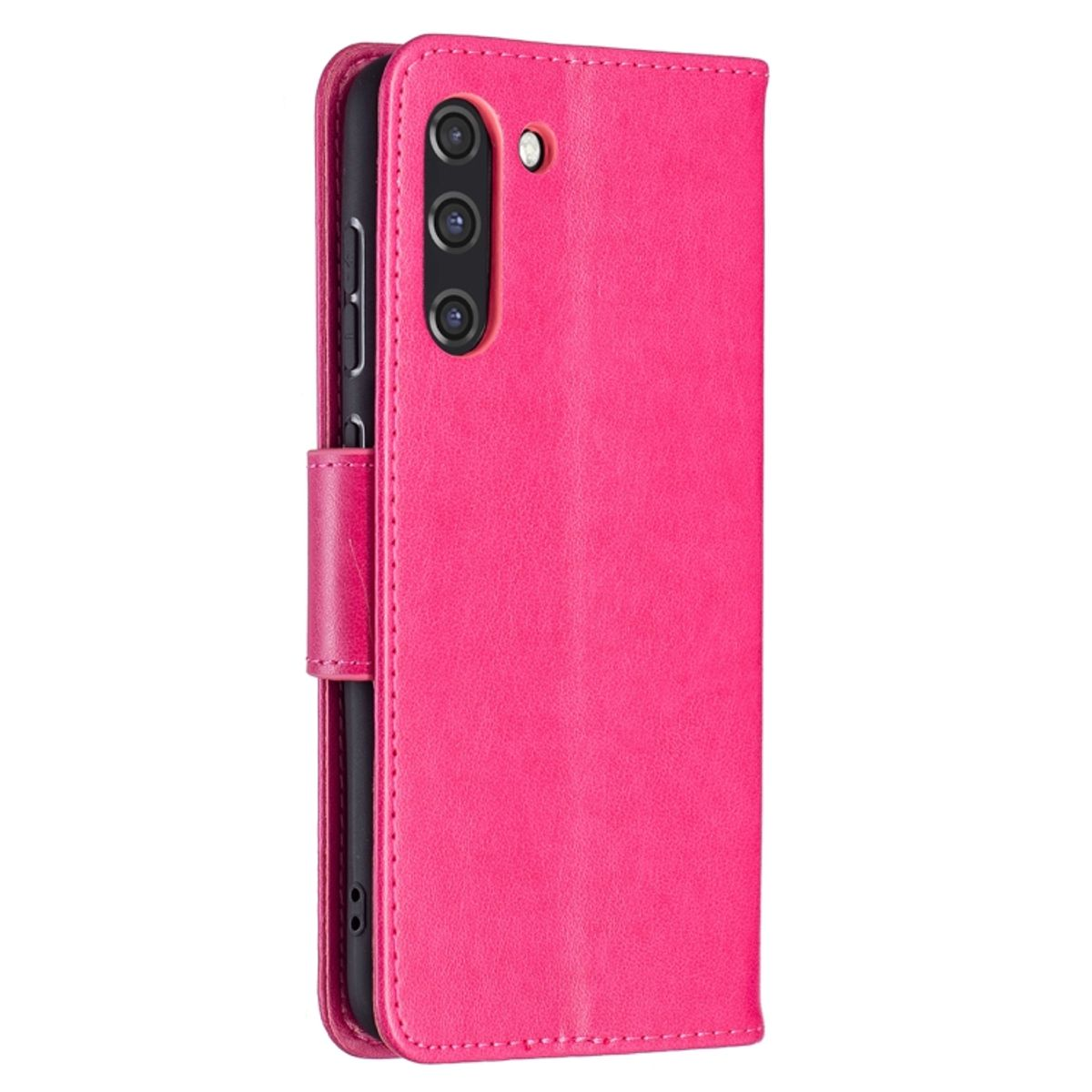Eine pinkfarbene Handyhülle, geschlossen. Das Telefon hat drei Kameras.