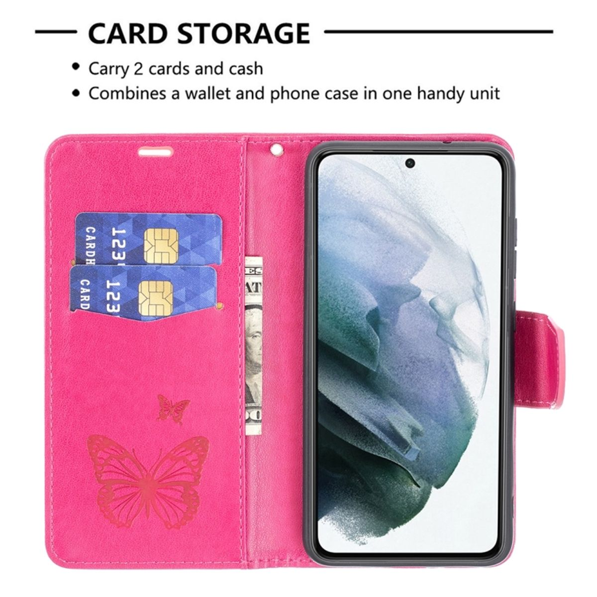 Eine rosa Handyhülle offen, zeigt Karten und ein Telefon. Schmetterlinge sind aufgedruckt.