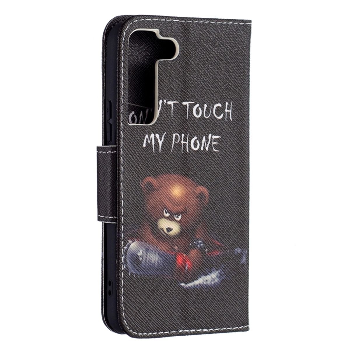 Eine Handyhülle mit Teddybär-Grafik und der Aufschrift „Don't touch my phone“.