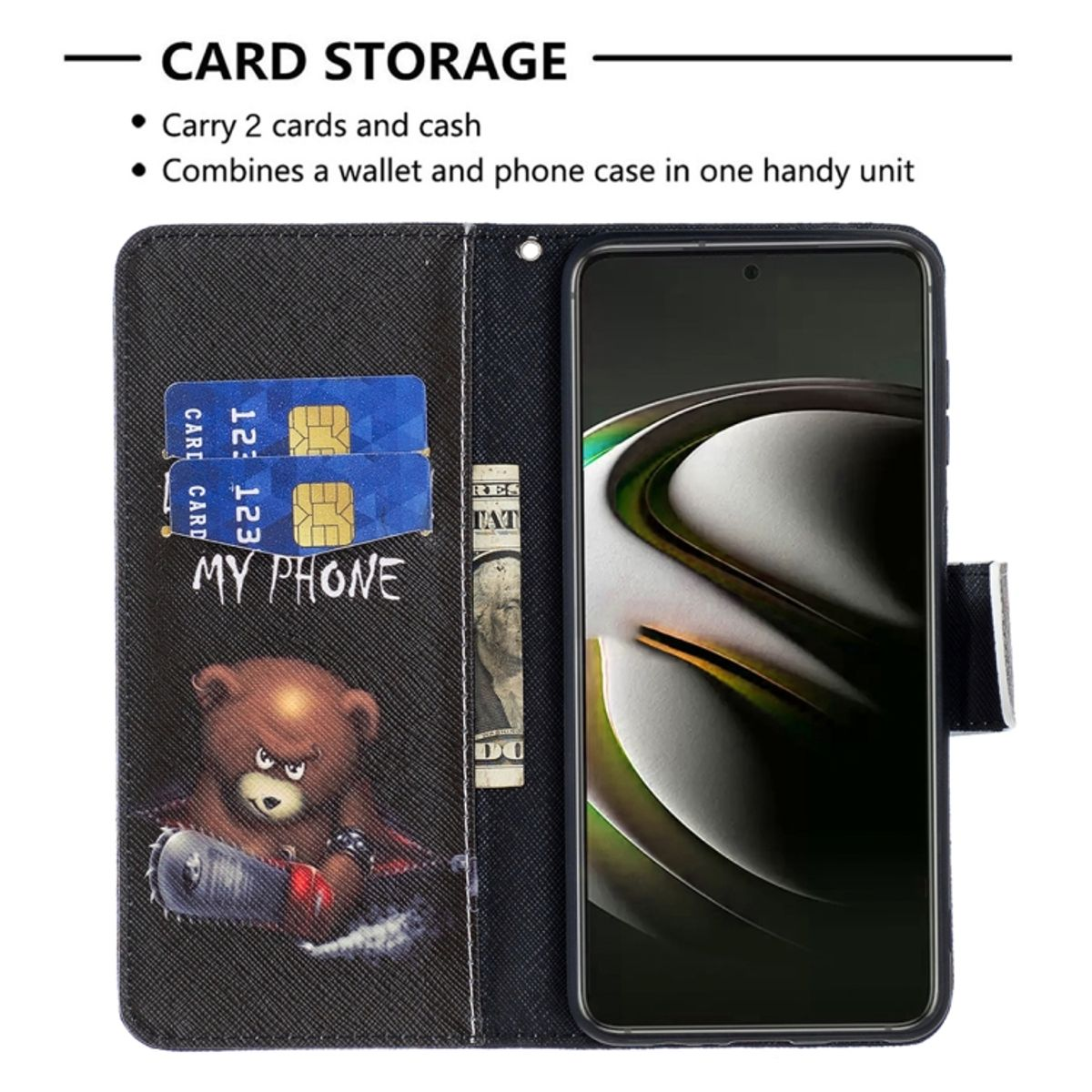 Geöffnete Handyhülle mit Telefon. In einer Brieftasche mit Karten und Geld.