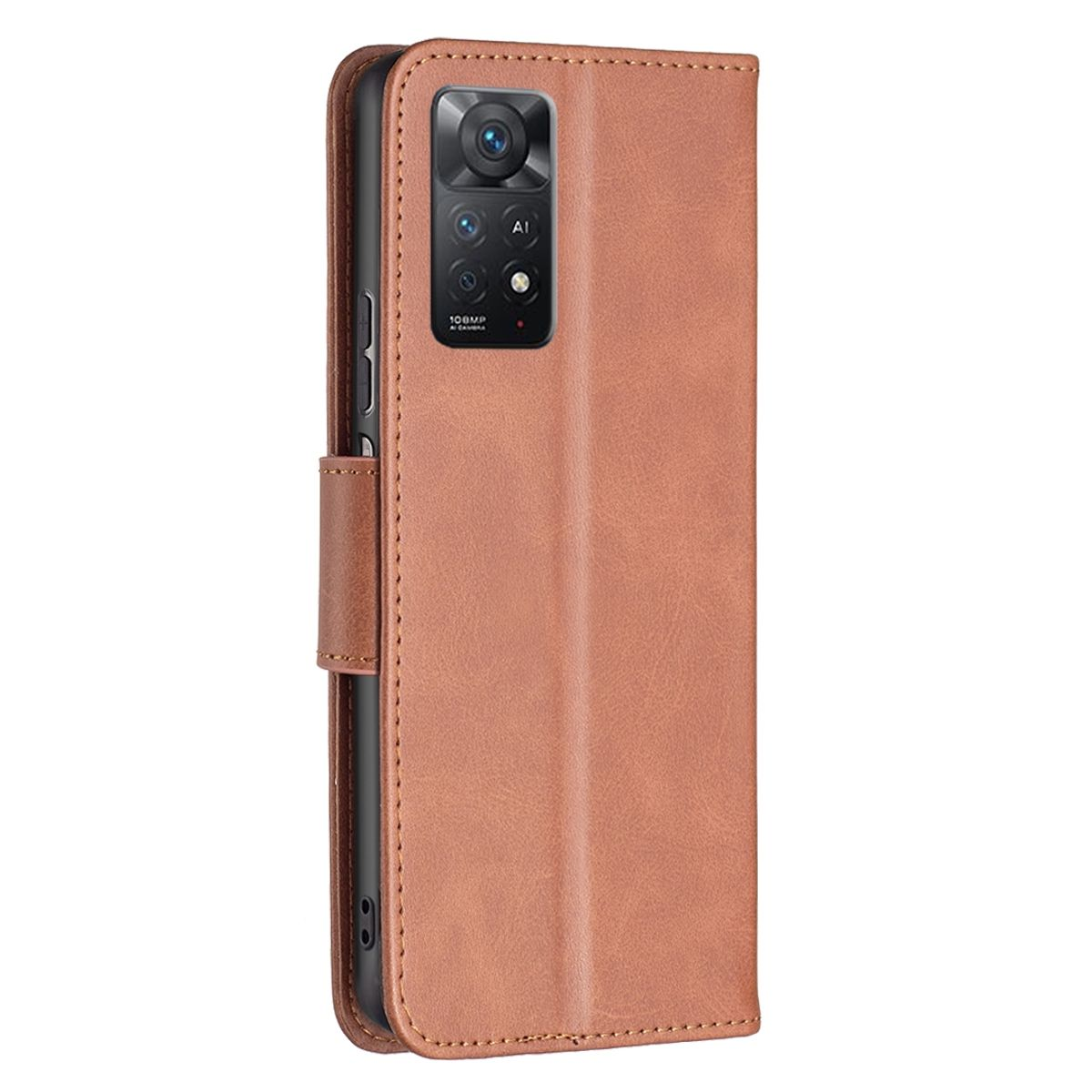 Braune Leder-Handyhülle mit Telefon. Sichtbare Kamera und Verschluss an der Seite. Geschlossen.