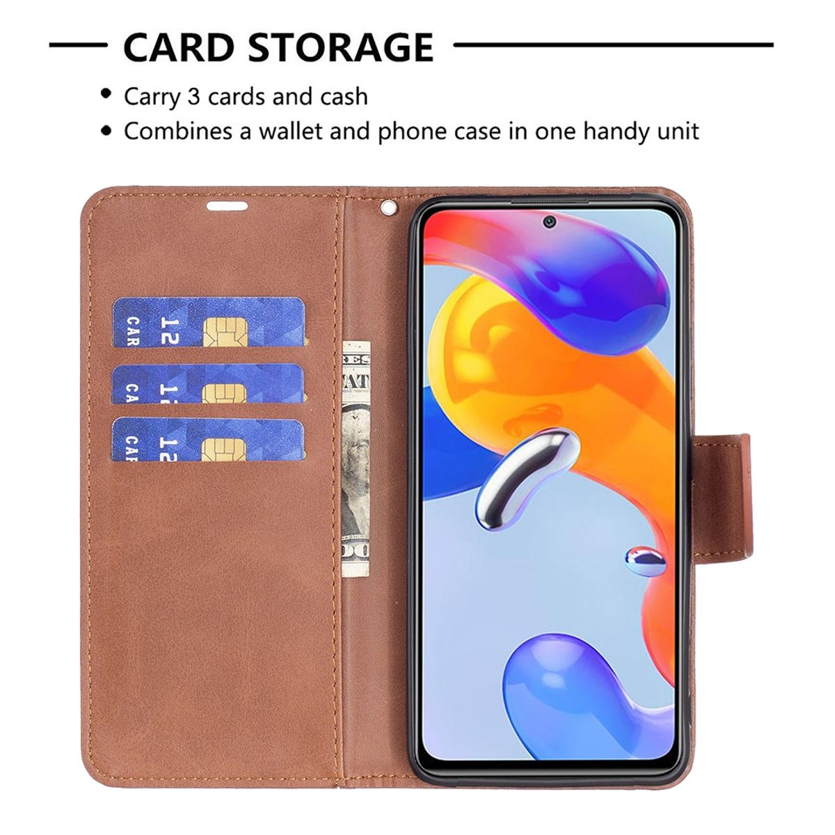 Braune Handyhülle mit einem Telefon darin. Das Etui ist offen und zeigt Karten und Geld.