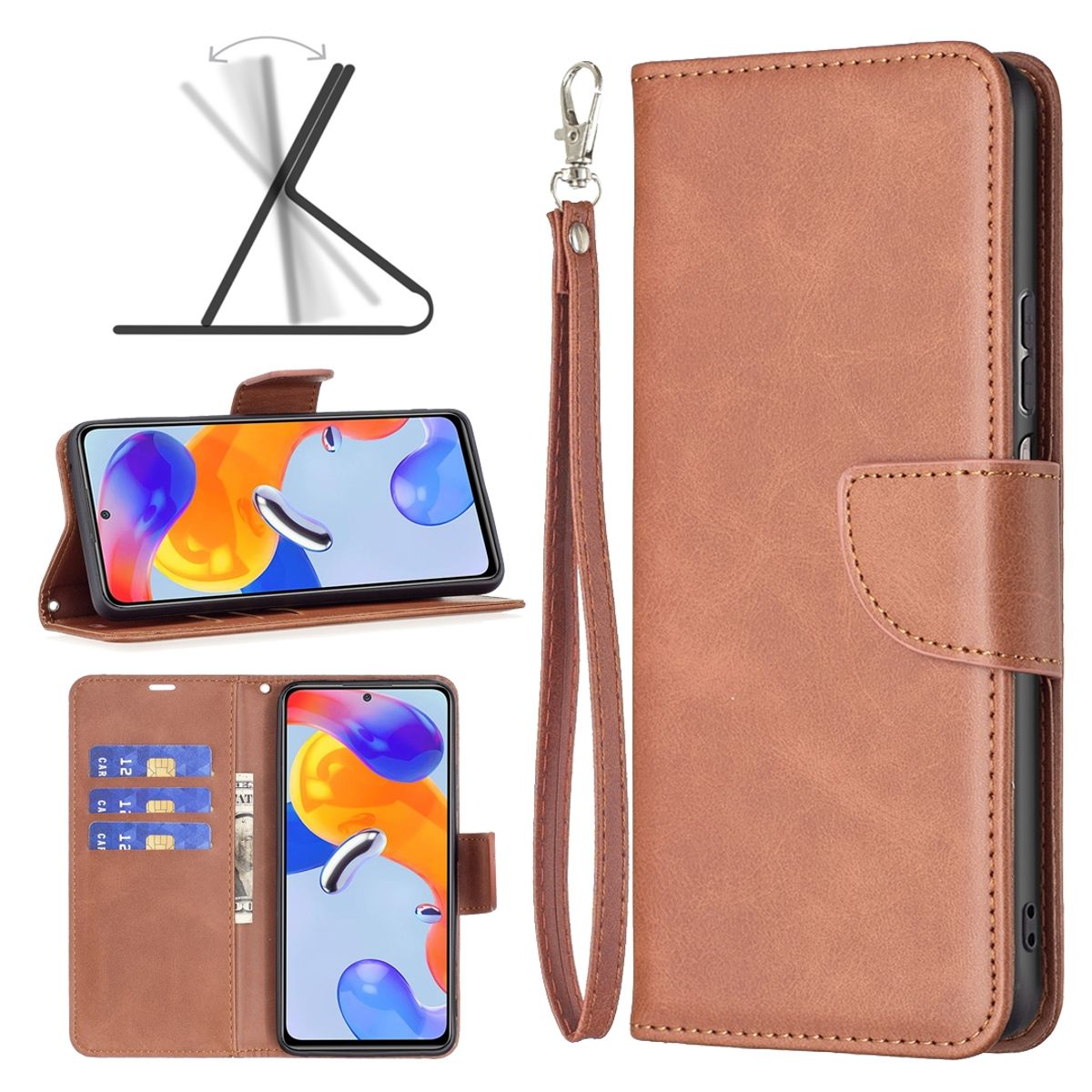 Braune Handyhülle mit Telefon im Inneren. Mit Kartenfächern und einem Ständer.