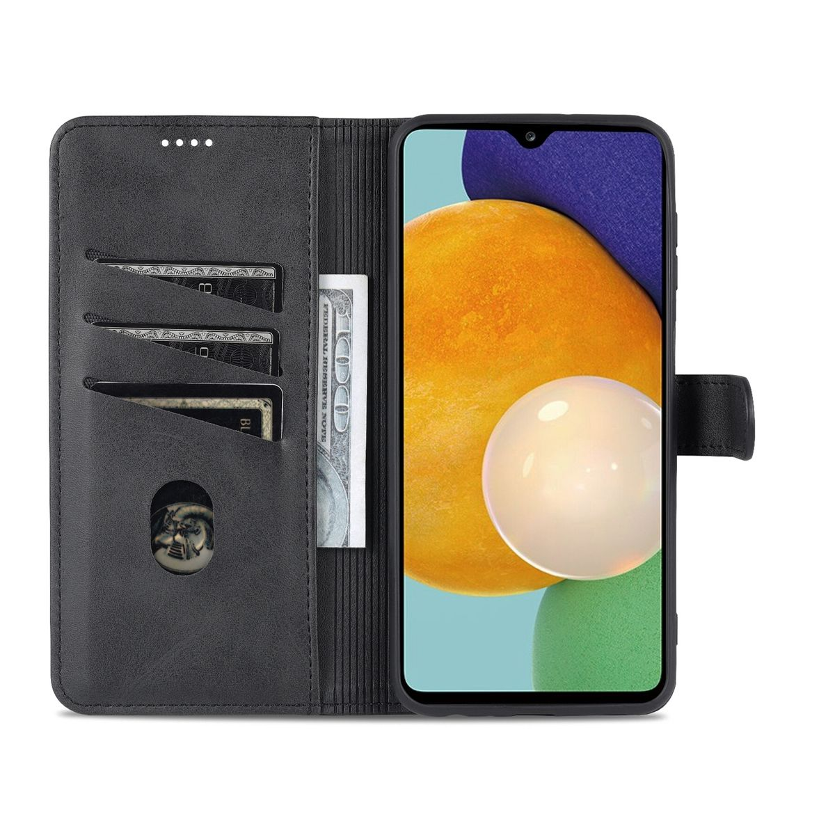 Geöffnete schwarze Handyhülle, mit Karten, Geld und Telefon mit weißem und gelbem Bild.