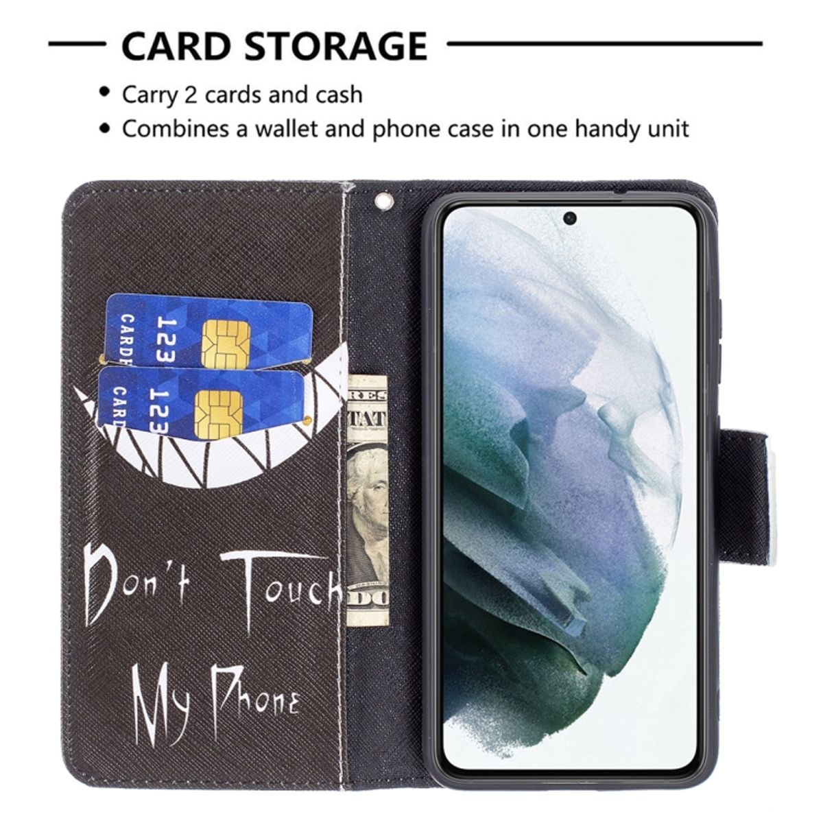 Schwarze Handyhülle mit Karten und Geld innen. Text: Don't Touch My Phone. Telefon rechts.